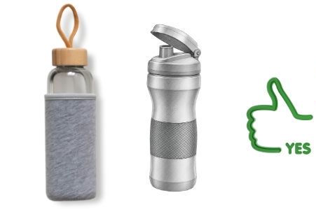 Two water bottles appropriate for the range: one with a screw-on top, the other with a pop-up lid.